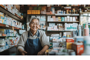 Older Asian pharmacist with glasses, a Health & Medical Photo by Sergey Kotenev