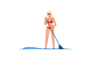 Smiling blond woman paddle boarding, a Sport Illustration by pikepicture