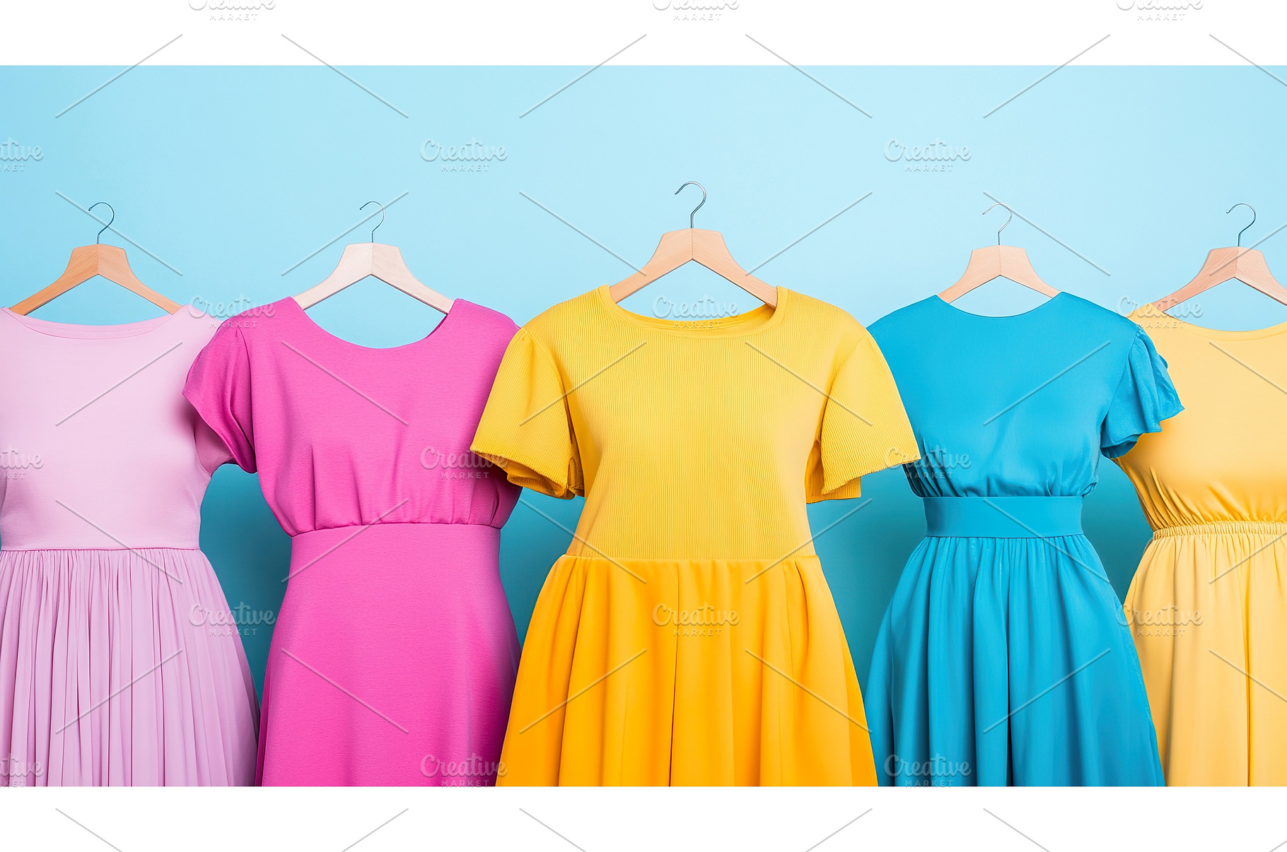 Vibrant dresses on hangers against, a Beauty & Fashion Photo by Lermont51