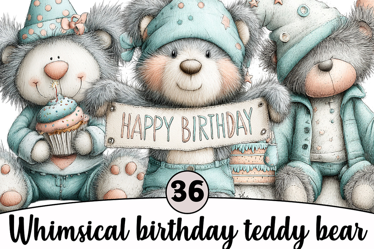 Whimsical birthday teddy bear, an Illustration by Design Market (Photo 1 of 5)
