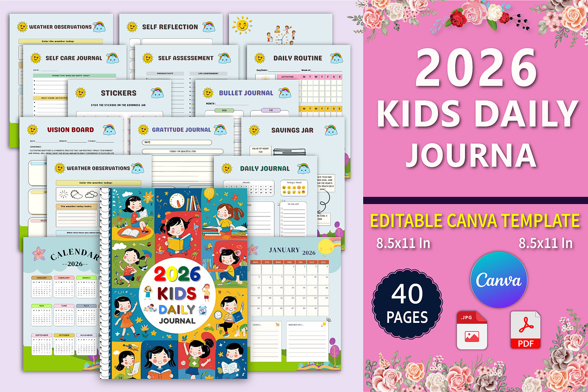 2026 Kids Daily Journal Canva, a Stationery Template by Designmela01 (Photo 1 of 7)