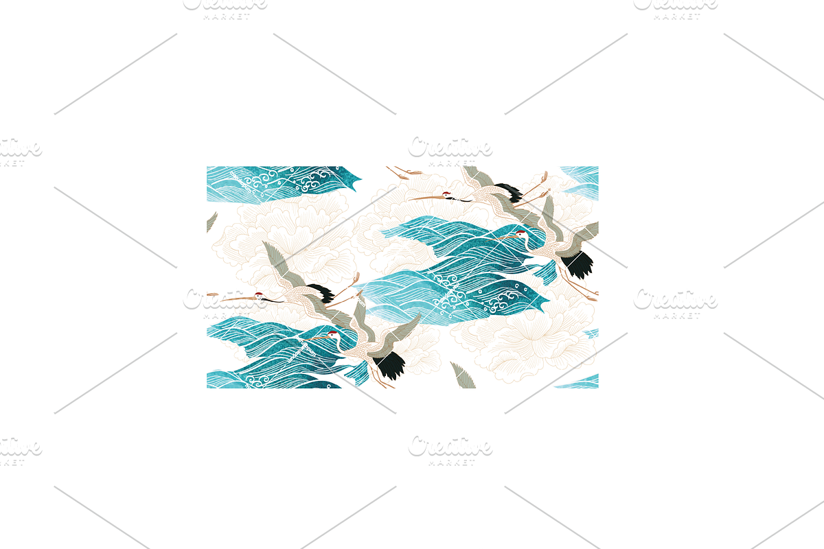 Crane birds with hand drawn wave, a Pattern Graphic by marukopum (Photo 2 of 3)