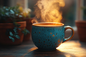 Steaming coffee from blue cup on wooden table, sunlights, a Food & Drink Photo by AlyaAnd