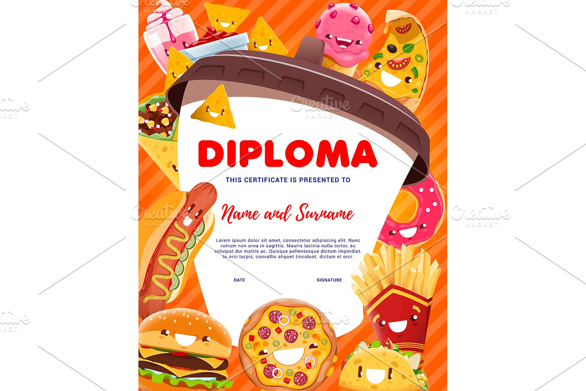 Kids diploma, fast food characters, an Education Illustration by Vector Tradition (Photo 3 of 3)