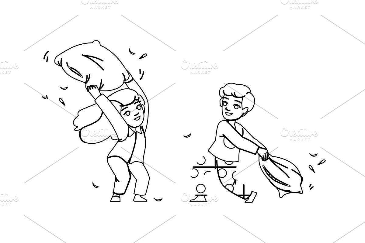 home kid pillow fight vector, a Person Illustration by pikepicture