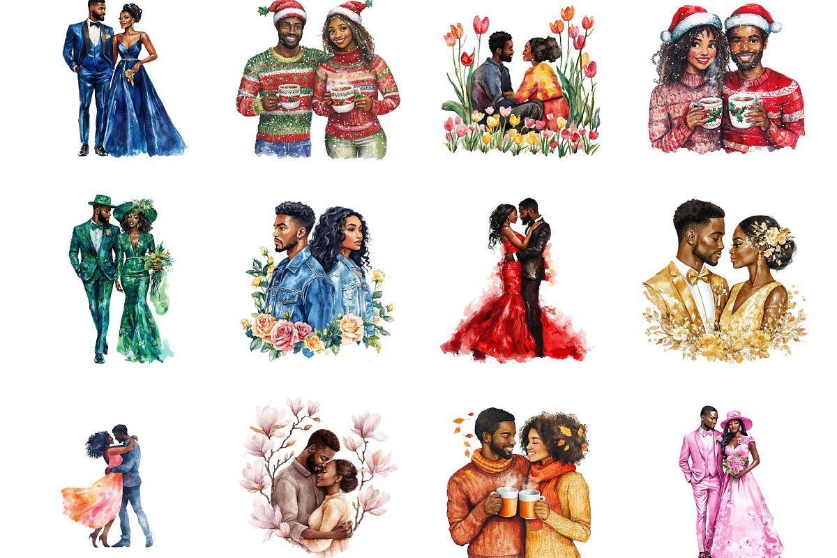 Black Couple Watercolor Set, a Seasonal Illustration by Designking (Photo 2 of 5)