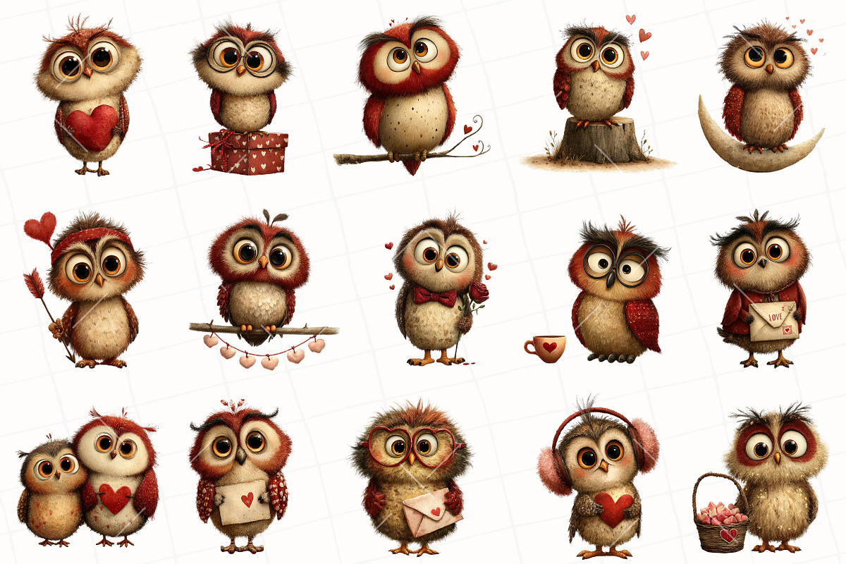 Whimsical Valentine Owl Clipart, an Illustration by OK Design (Photo 5 of 6)