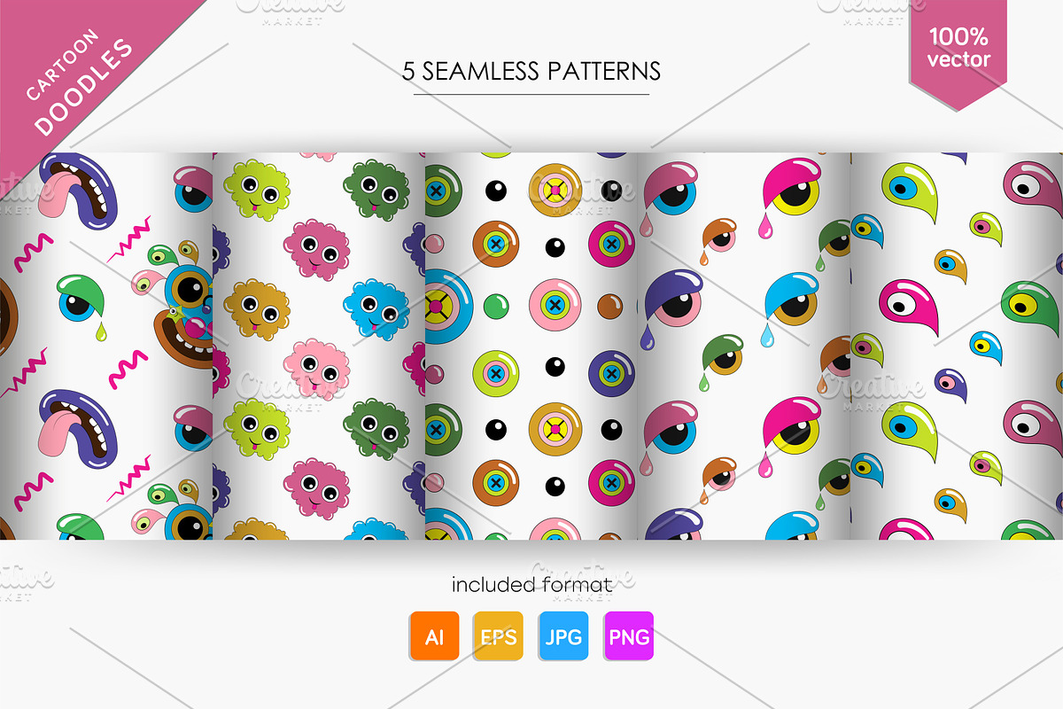Сartoon doodles + 5 seamless pattern, an Animal Illustration by KENO Mascots (Photo 2 of 7)