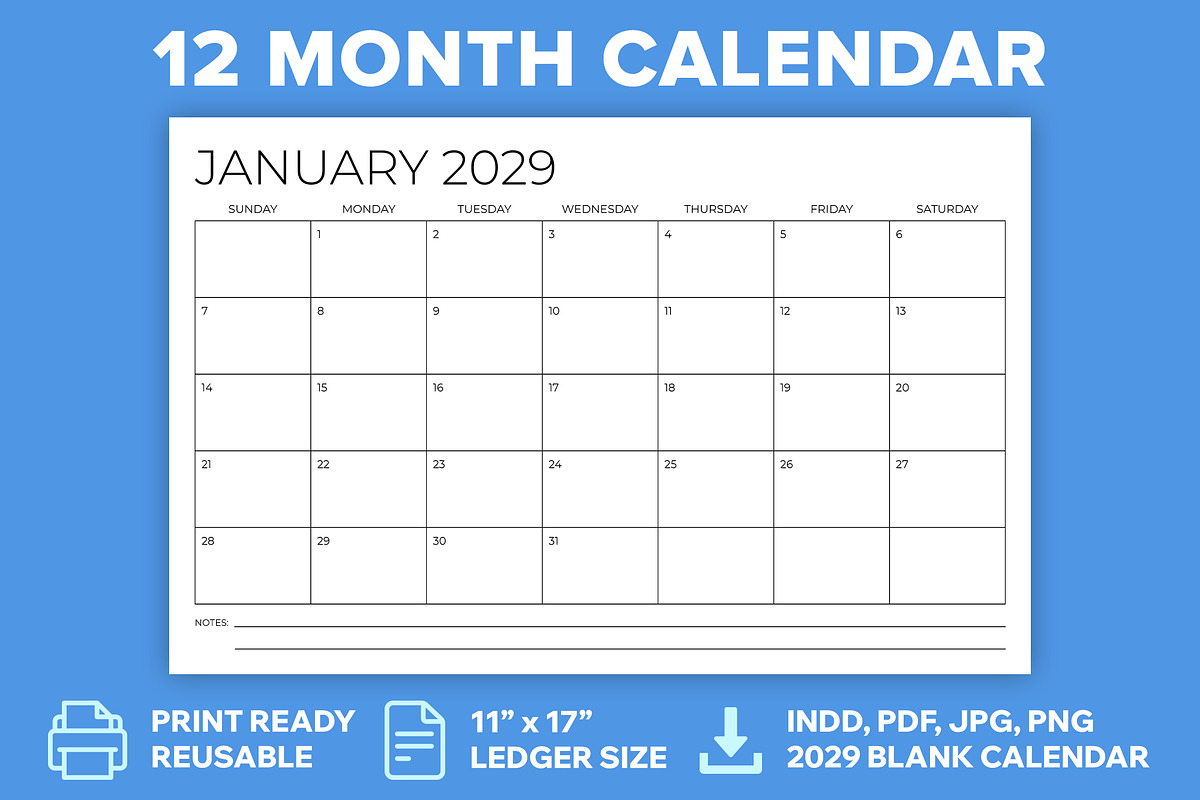 2029 11x17 Calendar Template, a Stationery Template by Running With Foxes (Photo 1 of 5)