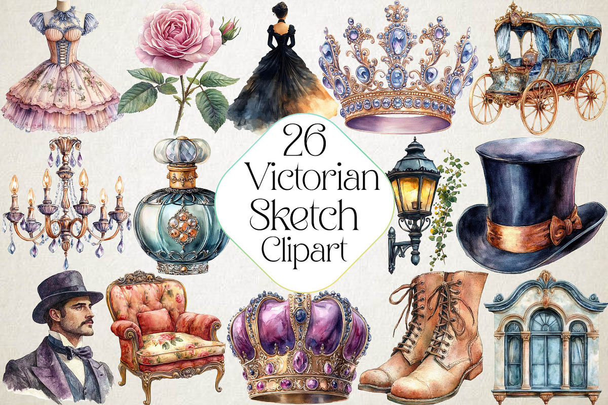 Watercolor Victorian Sketch Clipart, an Illustration by DreamPrint404 (Photo 1 of 6)
