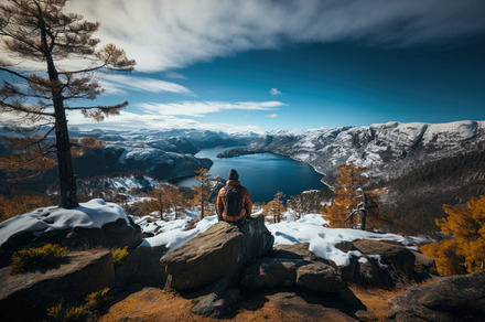 Woman sitting on top of a mountain and looking at the lake., a Photo by AS photostudio