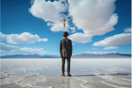Salt lake reflection man. Generate, a Nature Photo by Ylivdesign