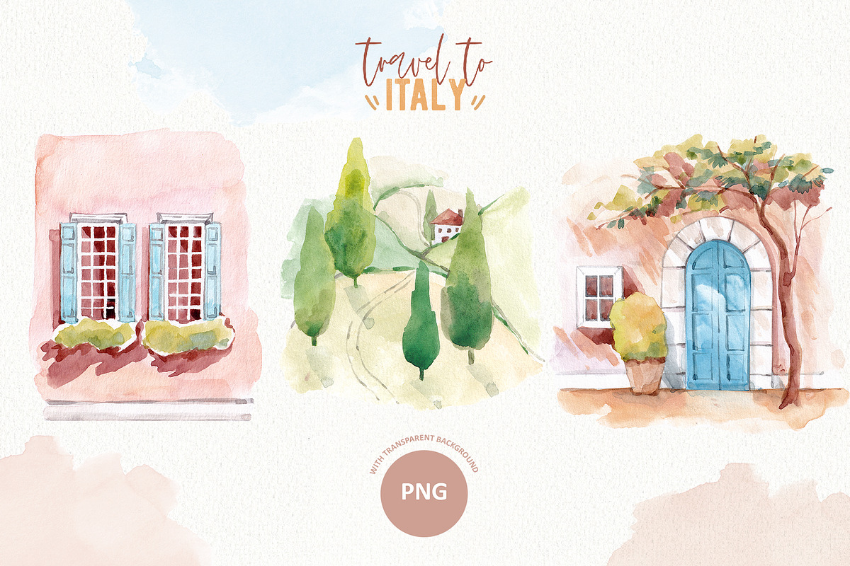 Travel to Italy. Watercolor Clipart, an Illustration by VerAna (Photo 3 of 11)