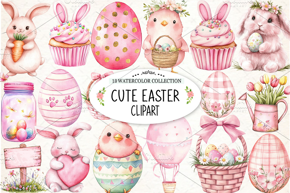 Watercolor Cute Easter Clipart, an Illustration by Watercolor design (Photo 1 of 4)