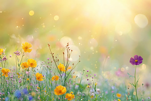Colorful flower meadow with sunbeams, a Photo by Pavel_design