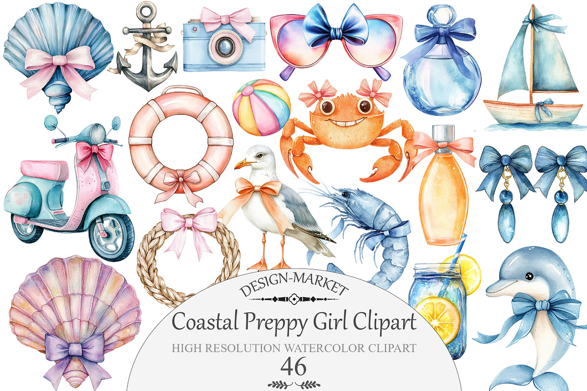 Watercolor Coastal Preppy Girl Clipa, an Illustration by Design Market (Photo 1 of 5)