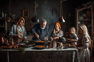A warm, rustic kitchen scene featuring a diverse group of people cooking togeth, a Person Photo by Textures & Backgrounds