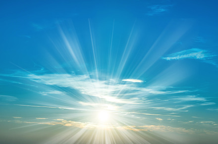 Sunset in the sky with blue couds containing sky, sun, and blue, a Nature Photo by Vapi