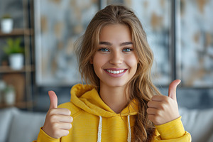 A cheerful young woman with long blond hair gives a thumbs-up in a cozy indoor, a Person Photo by ImageMir