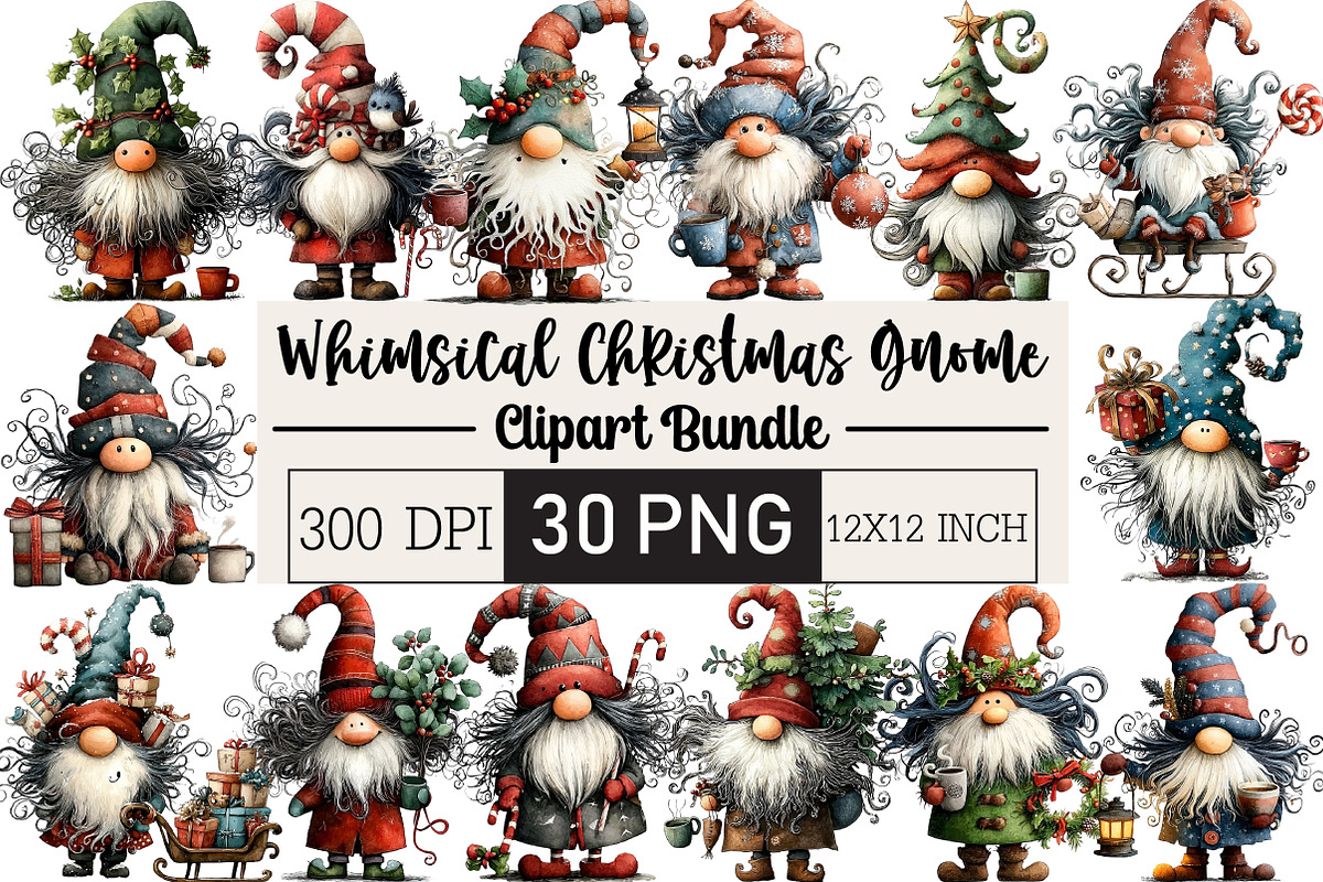 Whimsical Christmas Gnome Clipart, an Illustration by Black Bird Studio (Photo 1 of 6)