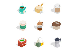 Hot Drinks Icons, Isometric 3d Style