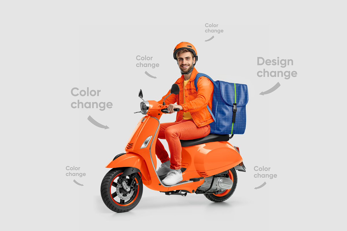 Delivery guy on scooter Mockup, an Advertising Mockup by BlackMockup (Photo 3 of 12)