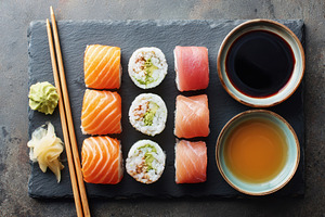 Delicious sushi platter with assorted rolls and sauces, a Food & Drink Photo by AlyaAnd
