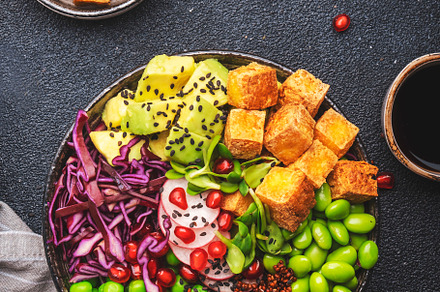 Vegan buddha bowl with red quinoa, fried tofu, avocado, edamame, a Food & Drink Photo by 5PH