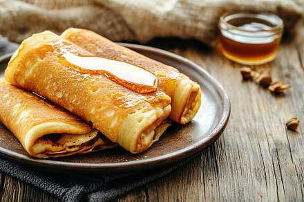 Delicious pancakes topped with sweet syrup on a rustic wooden table, a Food & Drink Photo by AlyaAnd