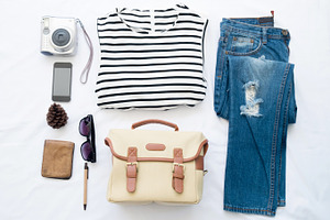 Woman summer clothes collage on whit stock photo containing abstract and
