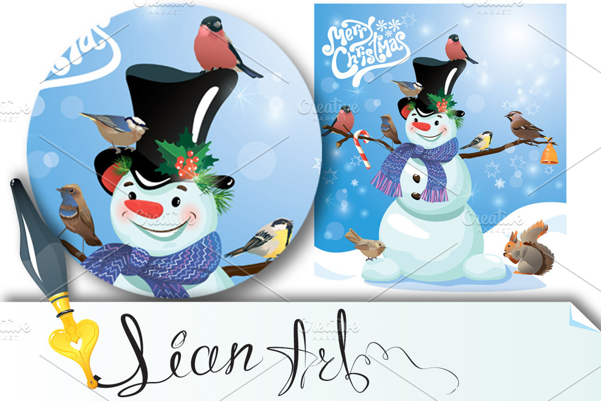 Card with funny snowman and birds, a Card Template by Lian-art