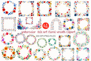 Watercolor folk art floral wreath, an Illustration by Designworld
