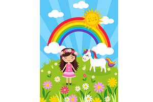 Unicorn and Girl in a Sun Filled Flo, a Person Illustration by Sharon Schwalbe
