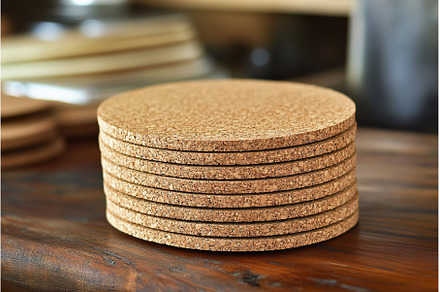 Stack of cork coasters on wooden, a Background Photo by Lermont51