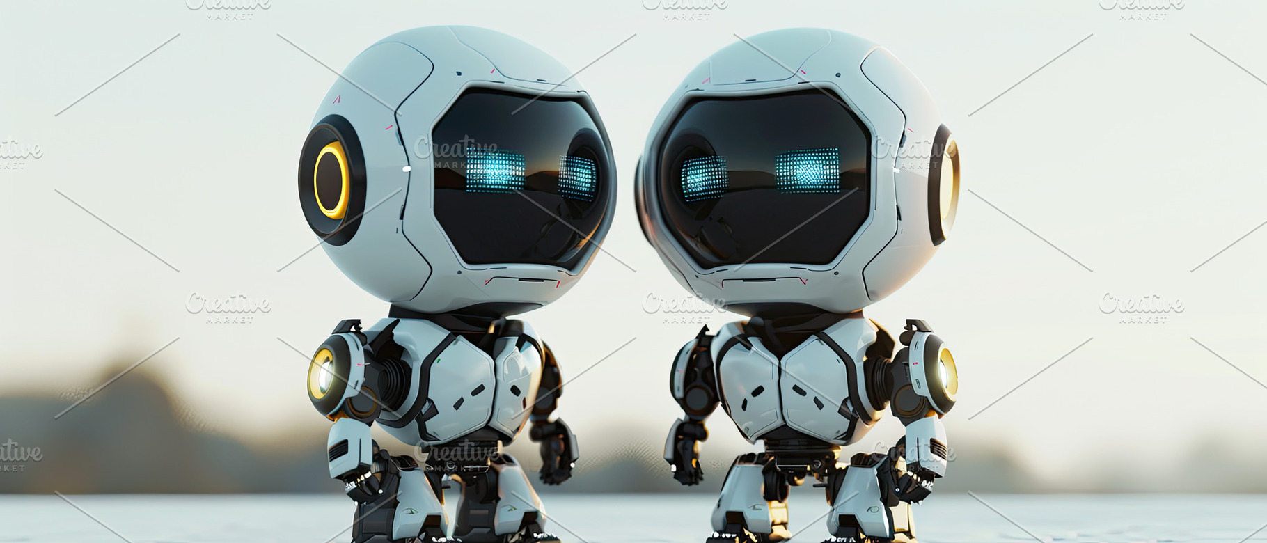 Two humanoid robots with digital fac, a Photo by LOGOCREATIVE