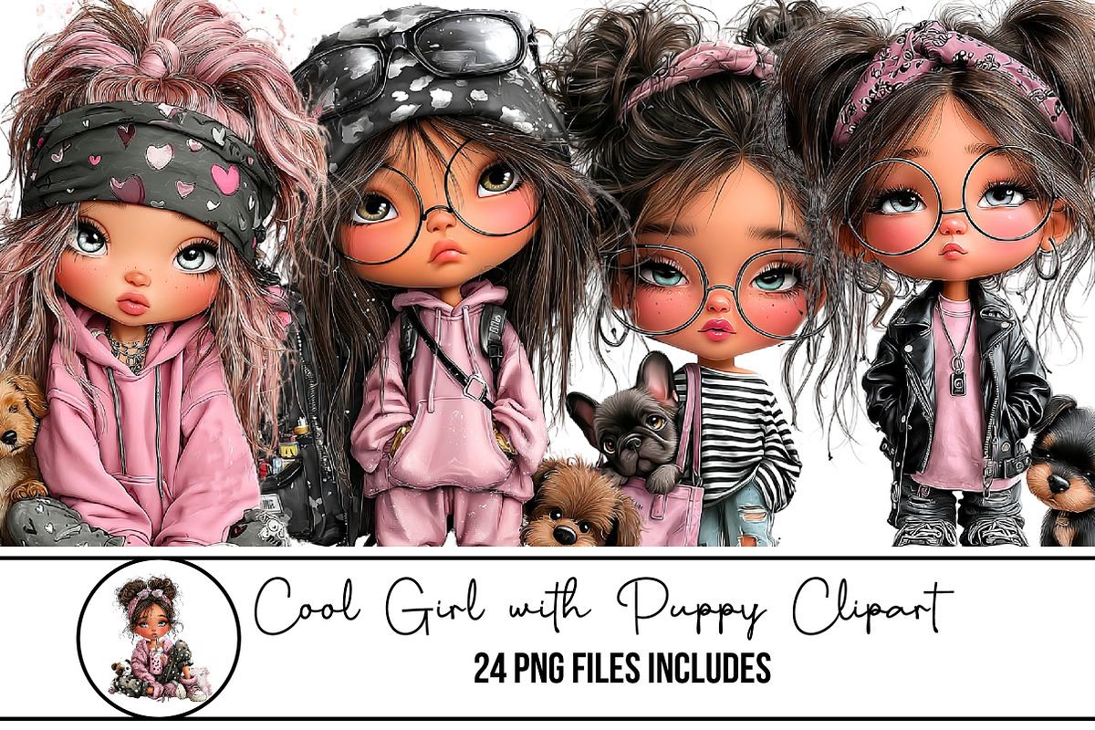 Cool Girl with Puppy Clipart, an Illustration by DreamArtGraphic (Photo 1 of 5)