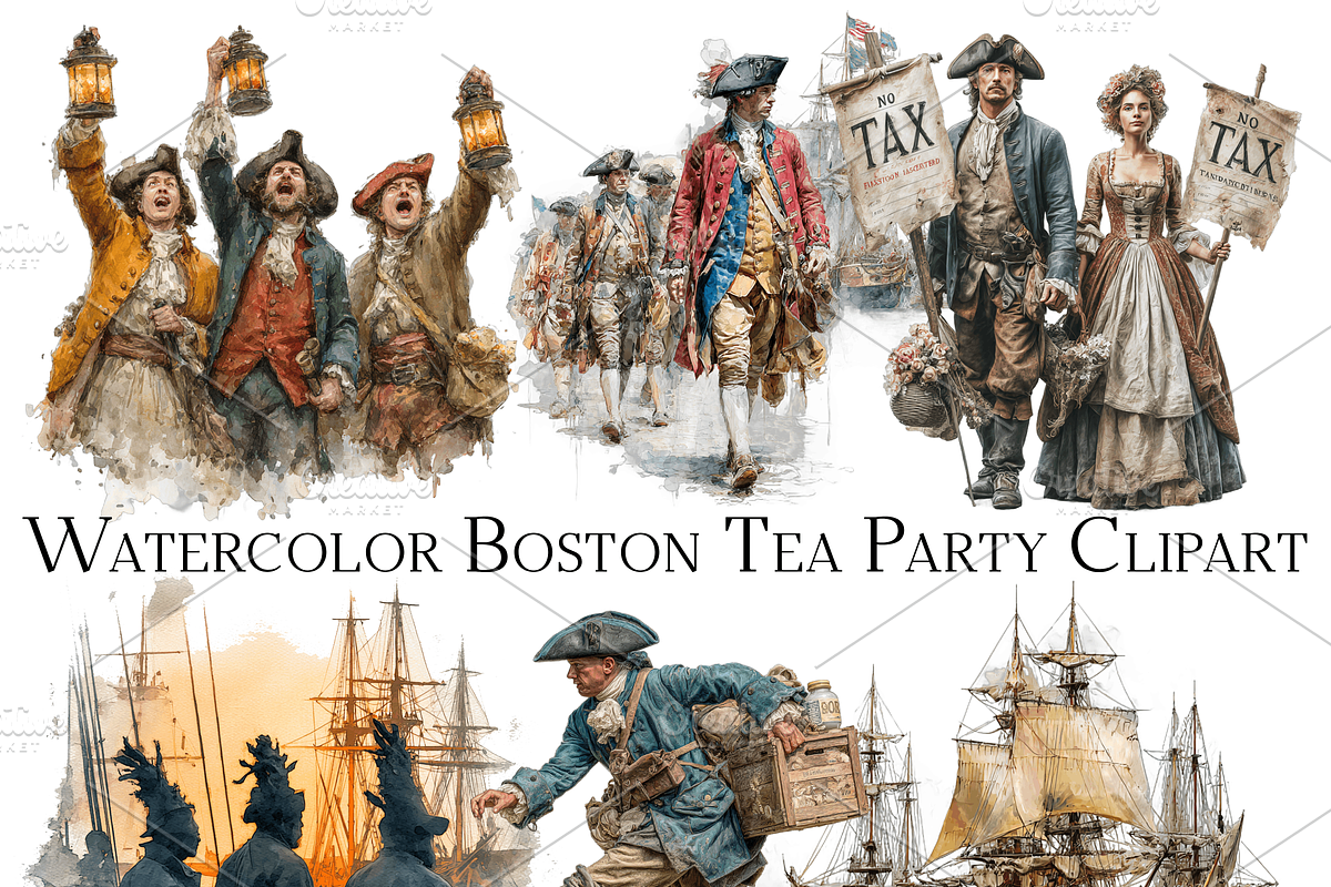 Watercolor Boston Tea Party Clipart, an Object Graphic by ArtisticTimberStudio (Photo 1 of 2)