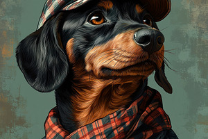 Dachshund dog wearing plaid cap and scarf with denim jacket on g, a Nature Photo by José Manuel Gelpi