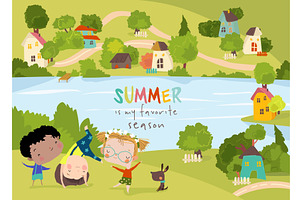 Happy Kids playing in Meadow in, a Person Illustration by Maria Starus