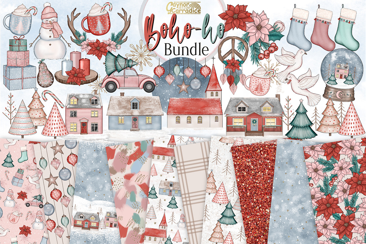 Boho Christmas clipart & pattern set, an Illustration by Gaynor Carradice Designs (Photo 1 of 3)