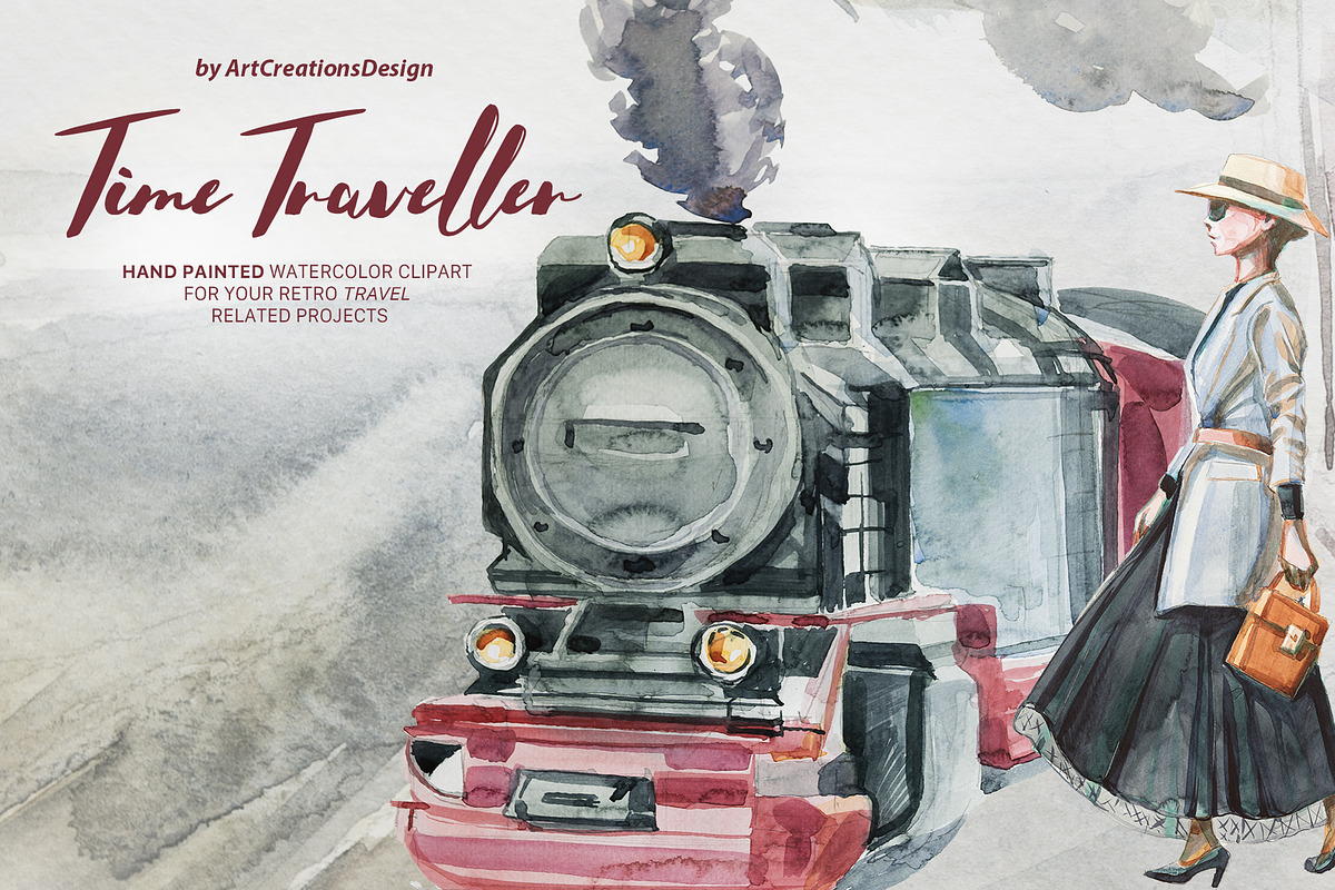 Watercolor Time Traveller Clipart, a Transportation Illustration by ArtCreationsDesign (Photo 1 of 12)