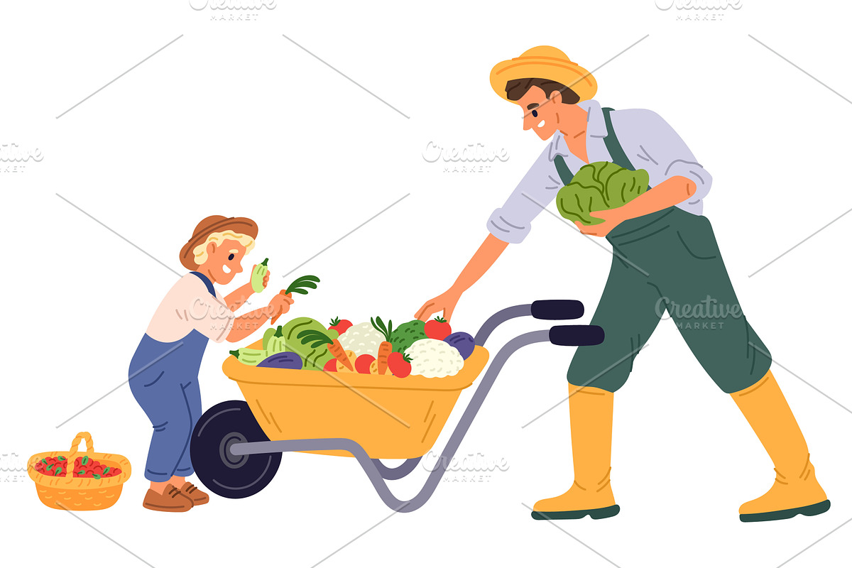 Farmer and his young son harvest, a Person Illustration by Vectorbuum
