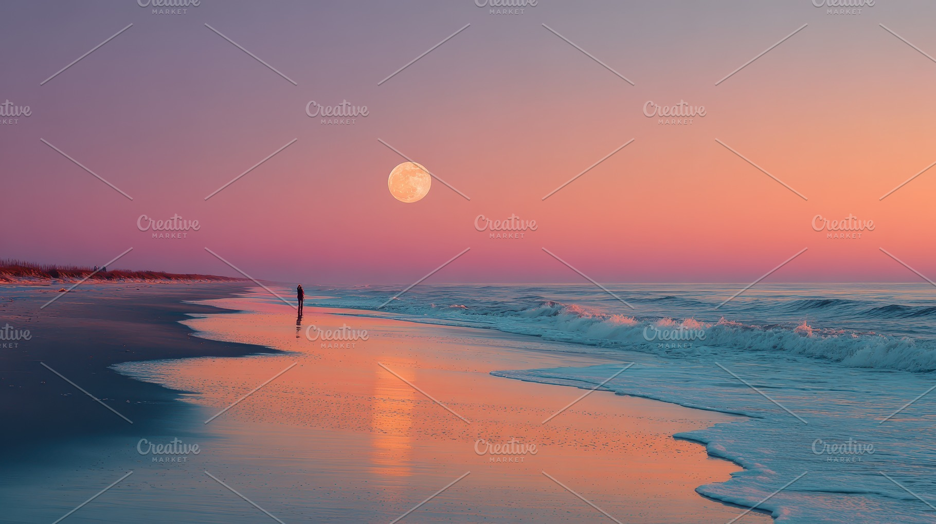 Solitary Figure Beach Sunset Moon Oc, a Photo by Pixeness Studio