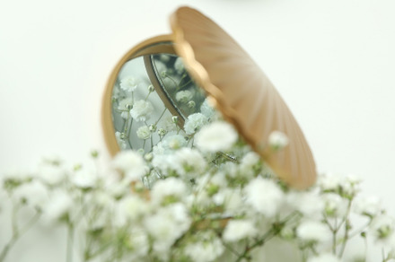 Mirror and flowers on white background, close up, a Beauty & Fashion Photo by AtlasStudio PRO