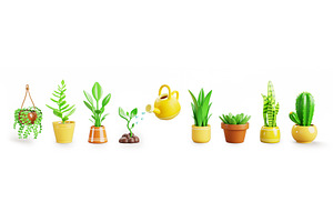 3d Set Of House Plants In Flower And