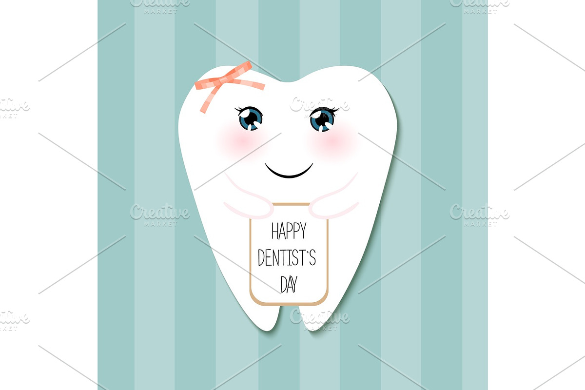 Cute greeting card Happy Dentist Day as funny smiling cartoon character of tooth, an Object Graphic by aliona..almazova