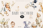 Baby Shower Watercolor Clipart, a Decorative Illustration by Sunshine Art (Thumbnail 1 of 15)