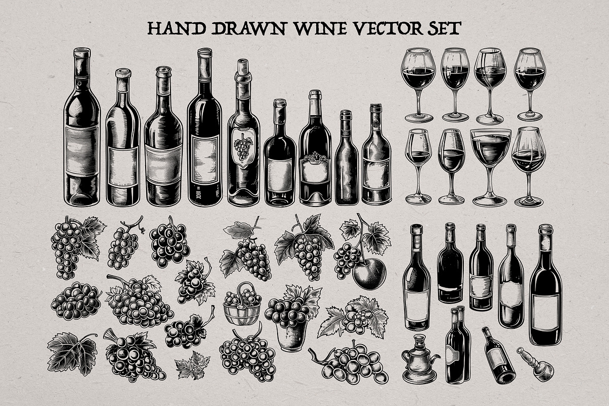Hand Drawn Wine Vector Set, a Food Illustration by Alternate Studio (Photo 1 of 10)