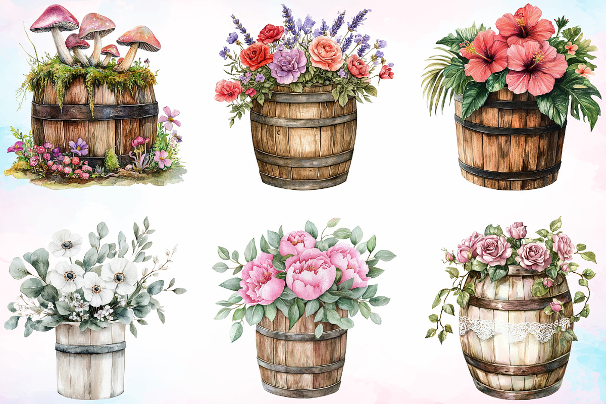 Watercolor Floral Barrel Clipart PNG, an Illustration by Canvas Craft (Photo 4 of 4)