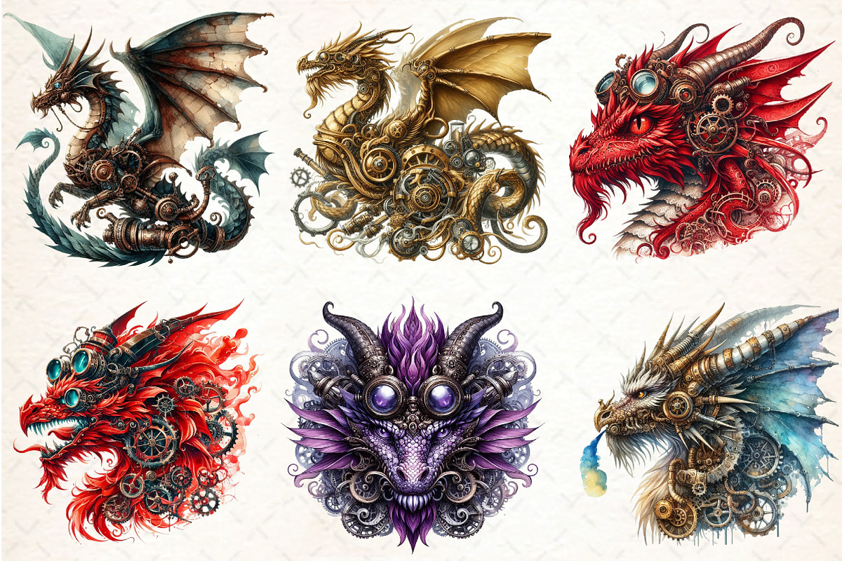 Watercolor Steampunk dragon Clipart, an Illustration by DreamCafeArt (Photo 4 of 5)